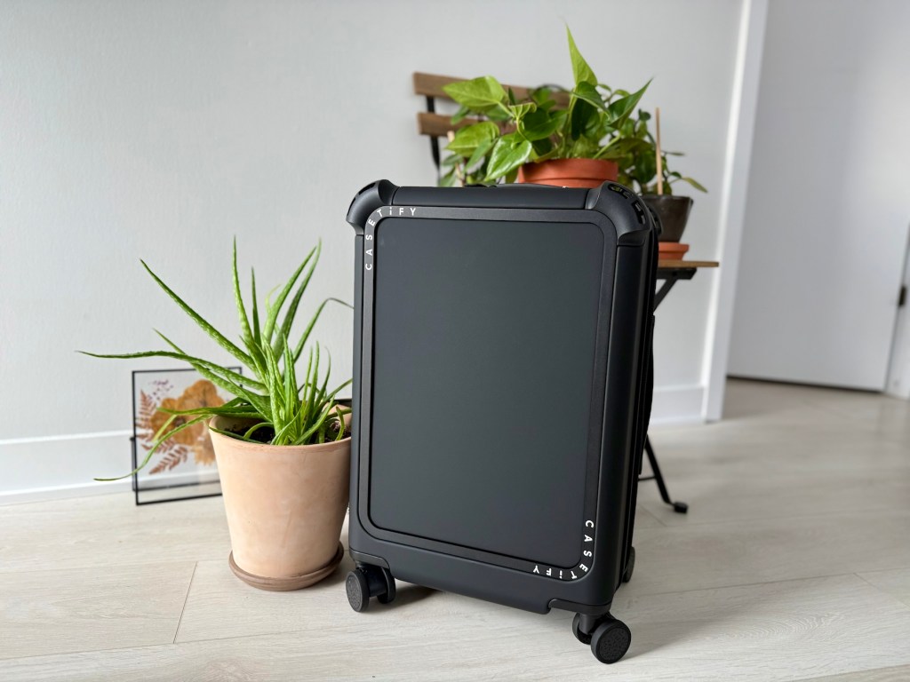 A suitcase on a floor with a potted plant