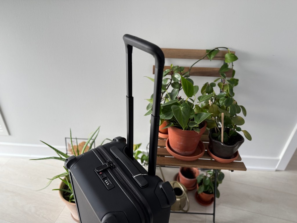 A suitcase with handle and handle on a shelf with potted plants