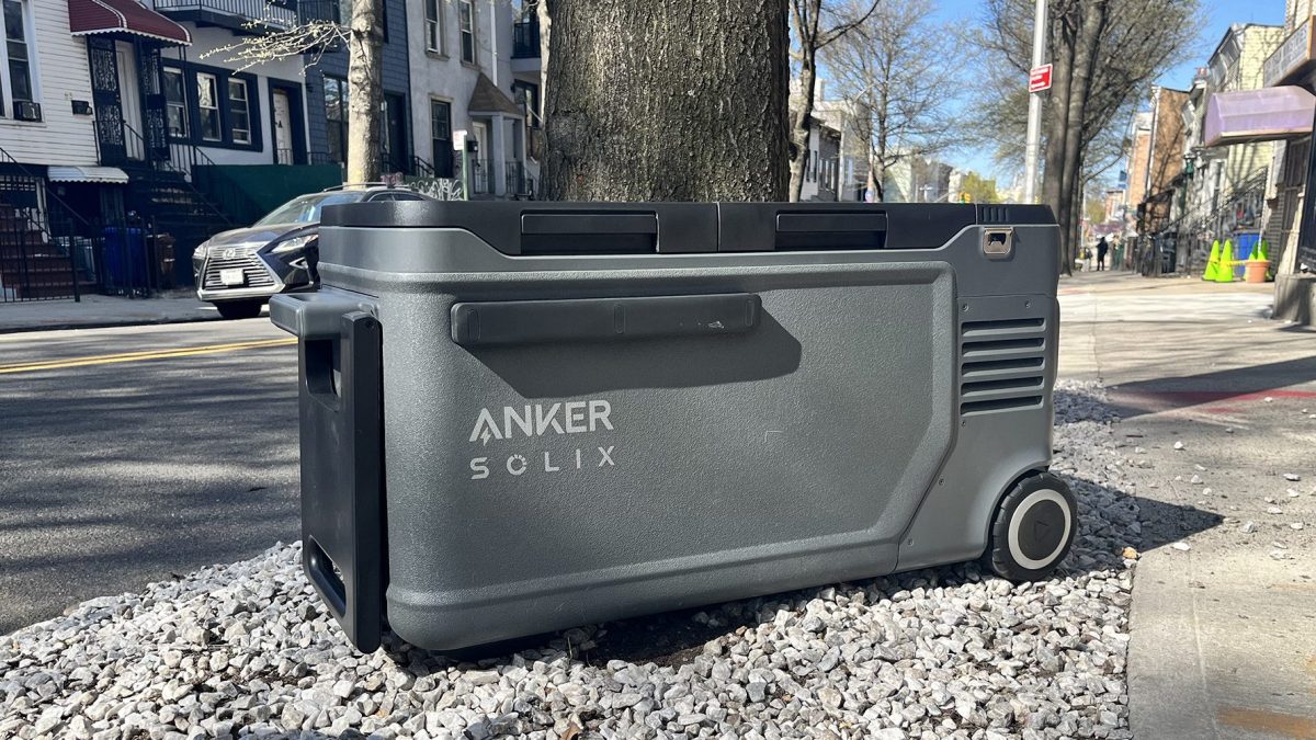A grey cooler on gravel next to a tree